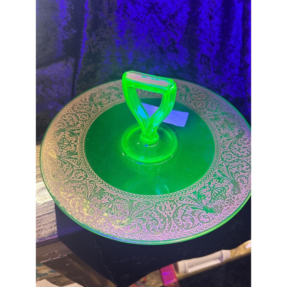 Vintage Etched Glass with Gold Uranium Serving Dish